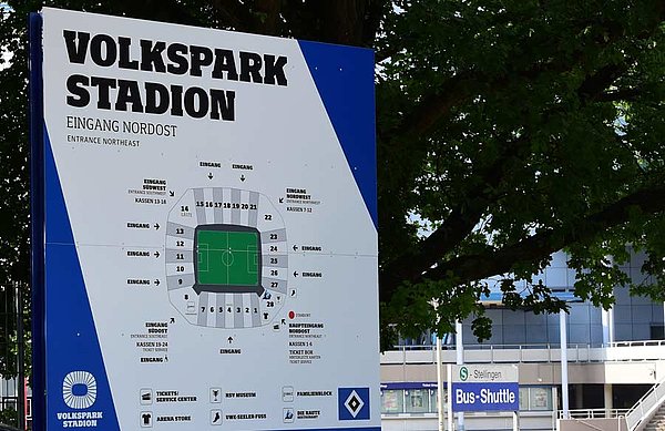 Links das Volksparkstadion, rechts im Hintergrund liegt schon die Barclaycard Arena. 